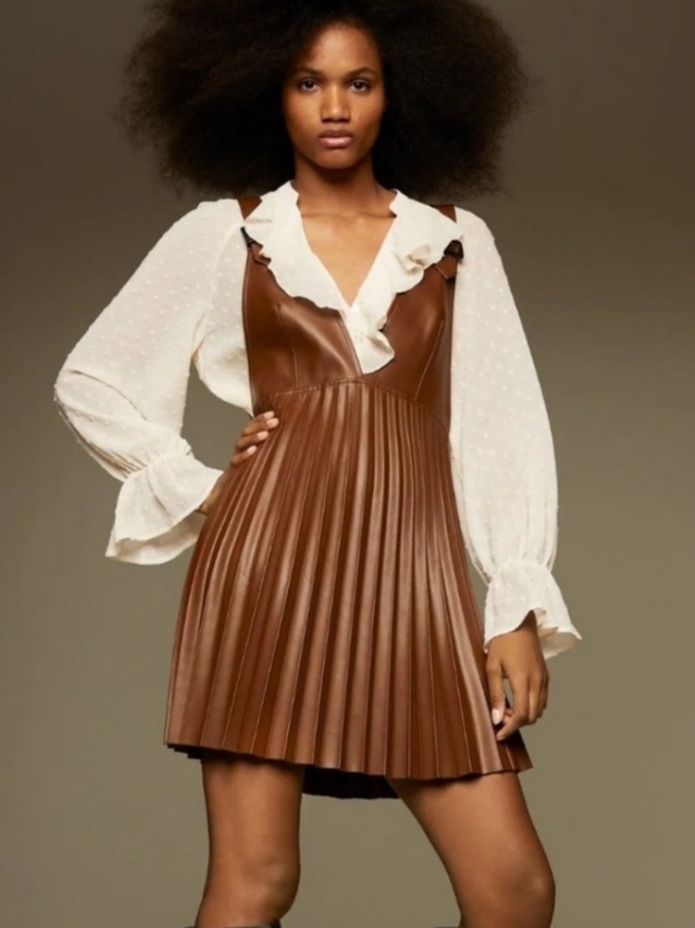 Zara Faux Leather Pleated Pinafore Dress